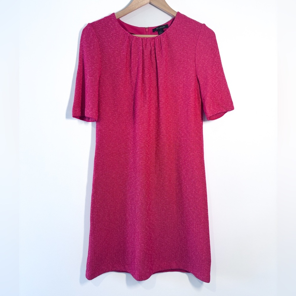 St. John Fuchsia Wool Blend Textured Knit Short Sleeve Shift Cocktail Dress 4